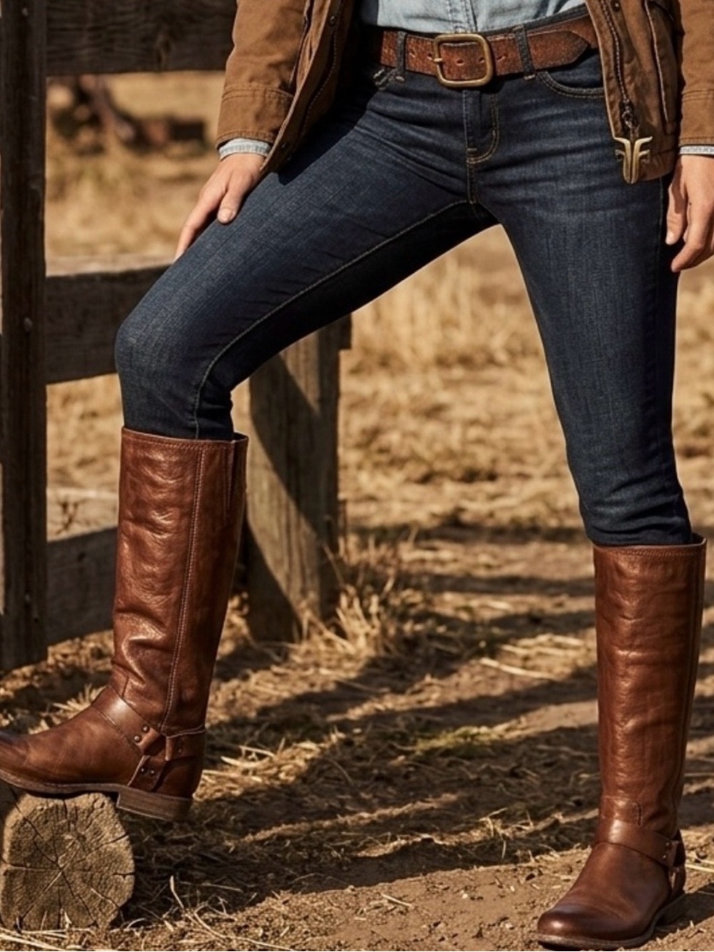 Frye Philip Harness Leather Riding Boots Women's Brown Zip Knee High Size 8.